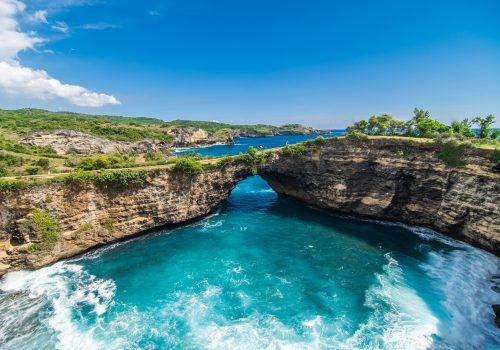 Panoramic view of broken beach in Nusa Penida, Bali, Indonesia.